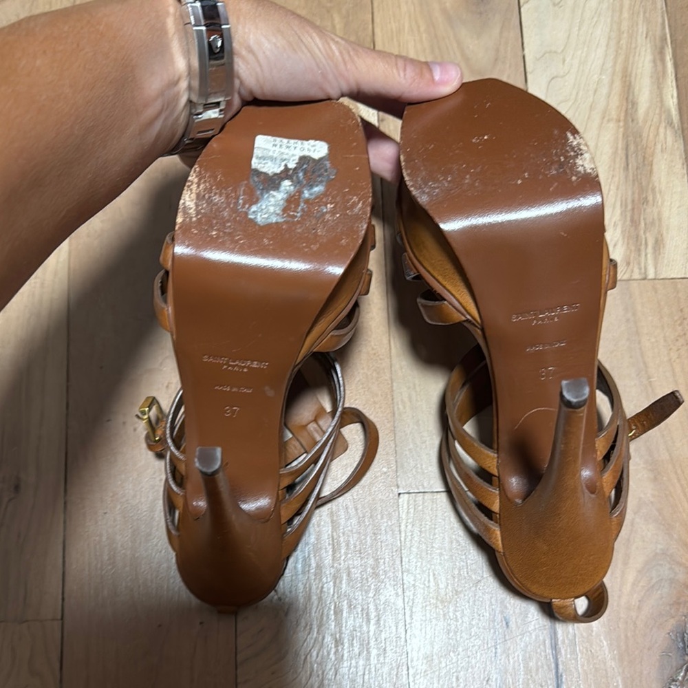 Saint Laurent Tan Strappy Platform Sandals - Picture 4 of 7